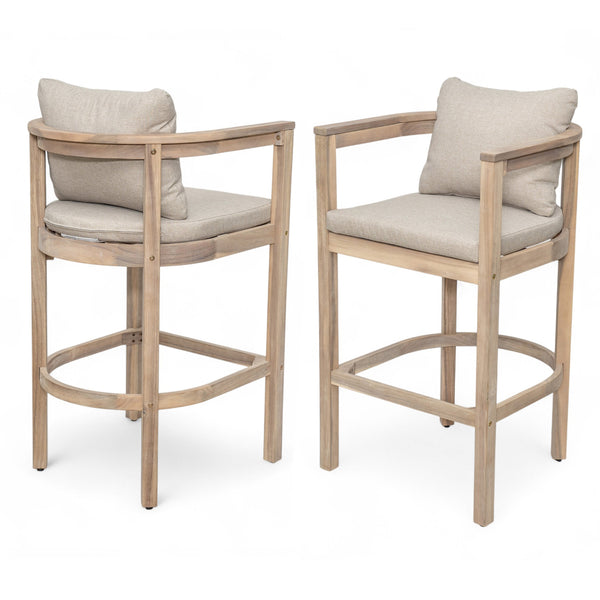 English Elm Christopher Knight Home® - Abaco Acacia Outdoor Barstool Set of 2 with Removable Gray Cushions, Rustic Curved Back Support Beige,Light White N775P294071G