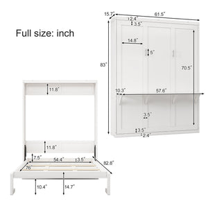English Elm Full Murphy Bed with Side Cabinet, Desk Combo, USB Charging, Adjustable Shelves, 600lb Capacity, White BS7012008109C