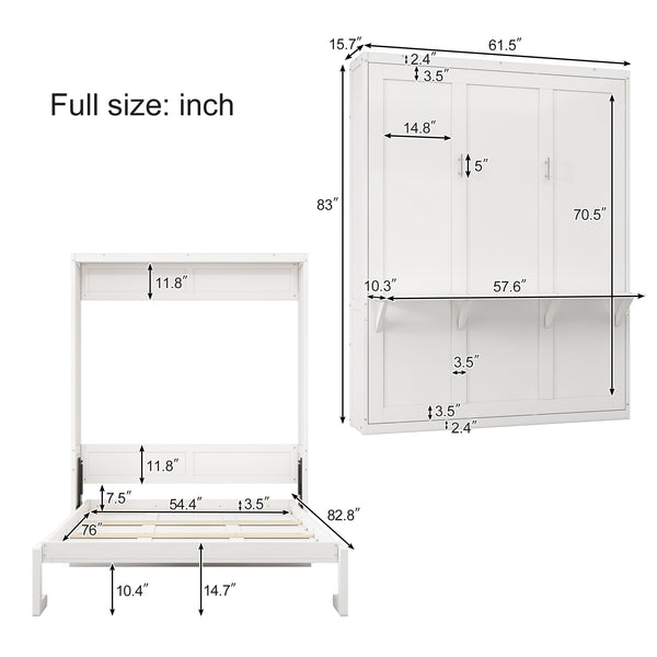 English Elm Full Murphy Bed with Desk & 2 Bookshelves, USB Ports, Adjustable Shelves, 600LB Capacity White BS7013008109C