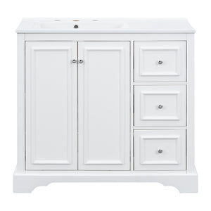English Elm 36'' Transitional Bathroom Vanity with Ceramic Sink, Solid Wood Frame, Adjustable U-Shelf & Soft-Close Doors White N729P292966K