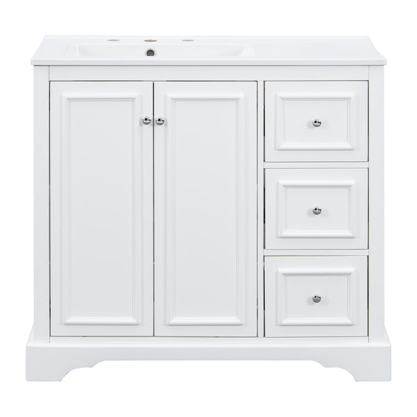 English Elm 36'' Transitional Bathroom Vanity with Ceramic Sink, Solid Wood Frame, Adjustable U-Shelf & Soft-Close Doors White N729P292966K