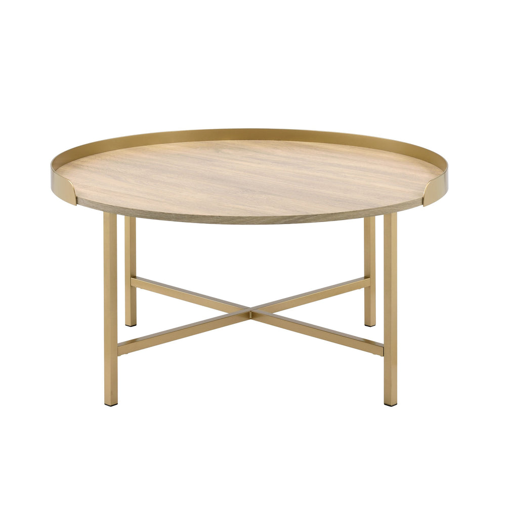 English Elm Oak Coffee Table With Elegant Gold Accents, Round Tray Top, Modern Design For Living Spaces B062P181359