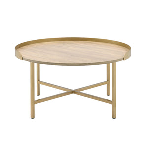 English Elm Oak Coffee Table With Elegant Gold Accents, Round Tray Top, Modern Design For Living Spaces B062P181359