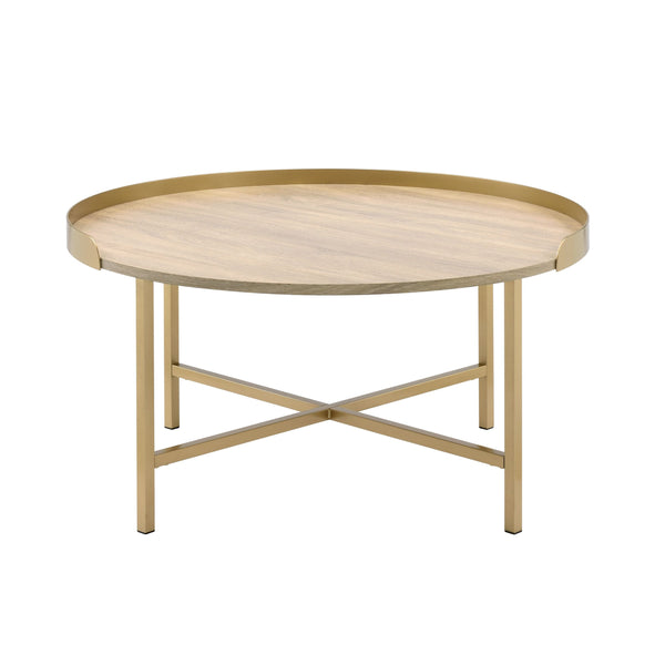 English Elm Oak Coffee Table With Elegant Gold Accents, Round Tray Top, Modern Design For Living Spaces B062P181359
