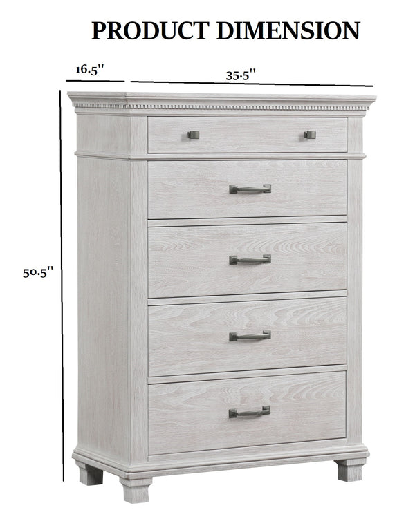 English Elm 1pc Chest Transitional Weathered Finish 5-Drawer Tall Dresser with Dentil Molding and Metal Knobs Grey Mix 39 L x 20 W x 51 H B2741P370388