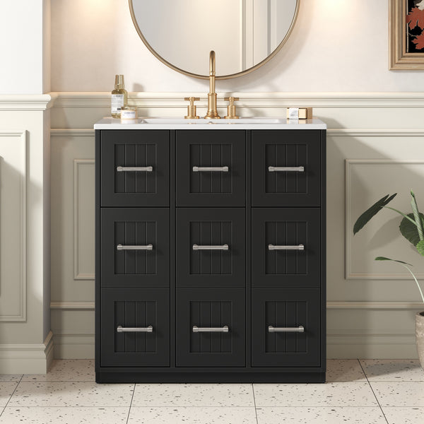 English Elm 30inch Bathroom Vanity with Undermount Sink, Tip-Out Tray, Soft-Close Doors, Spacious Drawers & Handles Black N710P331580B