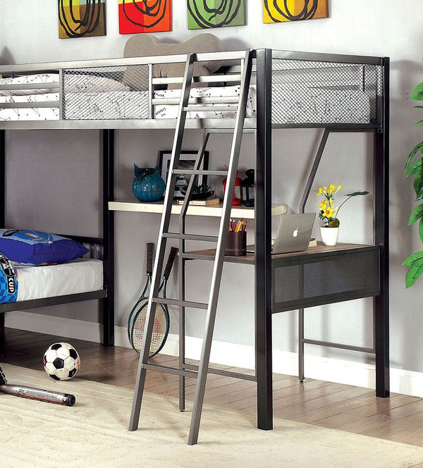 English Elm Modern Triple Twin L-Shaped Bunk Bed with Workstation, Silver Grey & Black Metal Frame, Safe Rails B2741P351949