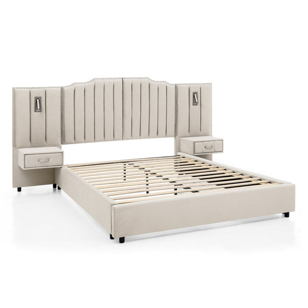 English Elm Queen Velvet Platform Bed with Tufted Headboard Integrated Nightstands and Striped Design Beige W487S00440