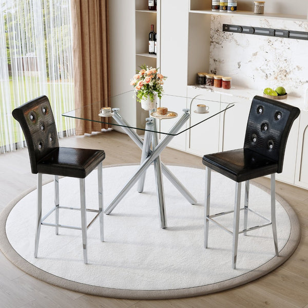 English Elm Modern Tempered Glass Pub Table Set Chrome X-base Stools for Kitchen or Home Bar W3875S00035