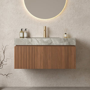 English Elm MURI Modern Wall-Mounted Vanity with Sintered Stone Top and Ceramic Basin, Plywood Cabinet, 39" Brown Oak,Light Gray W2615S00335