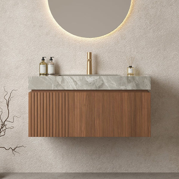 English Elm MURI Modern Wall-Mounted Vanity with Sintered Stone Top and Ceramic Basin, Plywood Cabinet, 39" Brown Oak,Light Gray W2615S00335