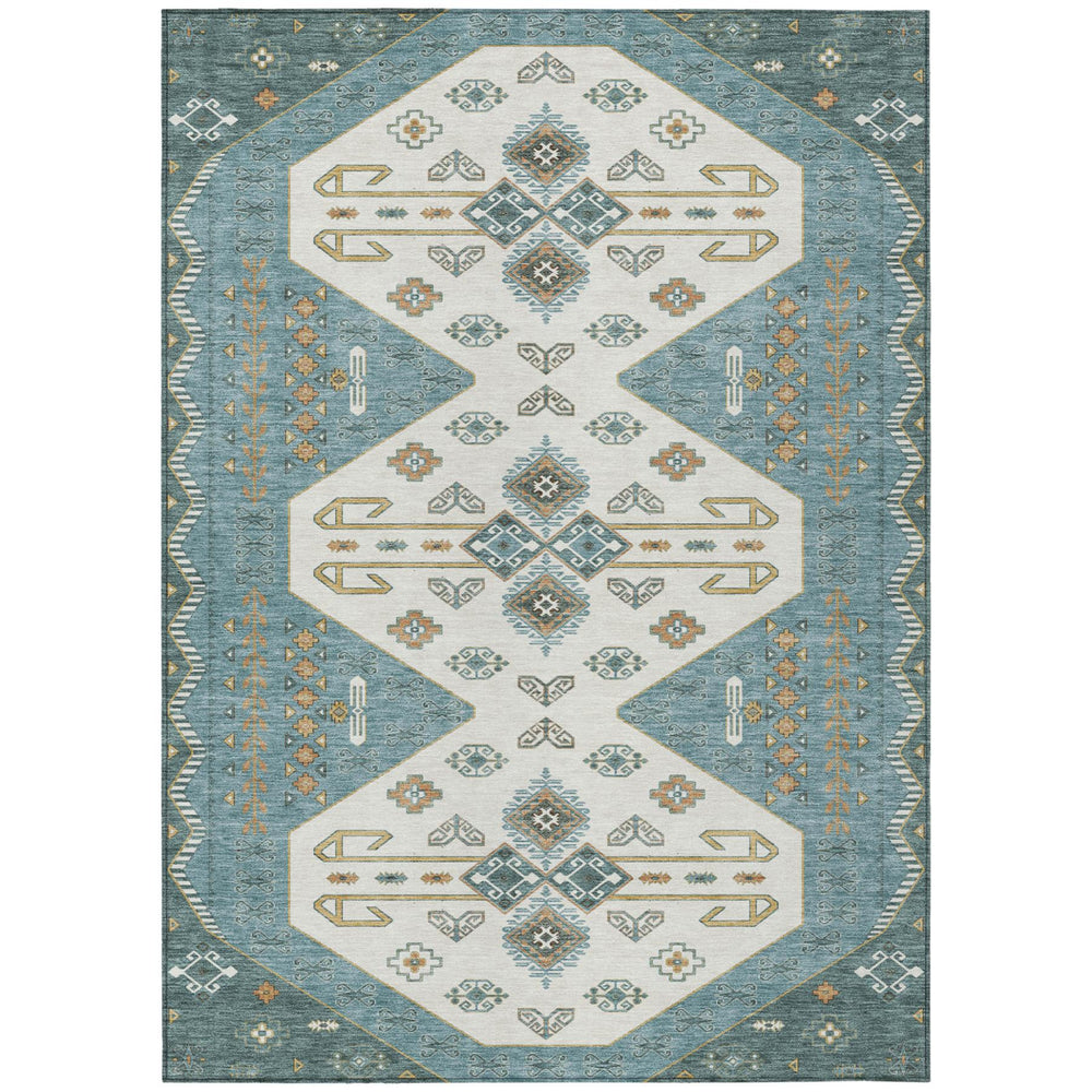 HomeRoots 8x10 Geometric Teal Gold Washable Polyester Rug for Patio Living Room or Porch 731019