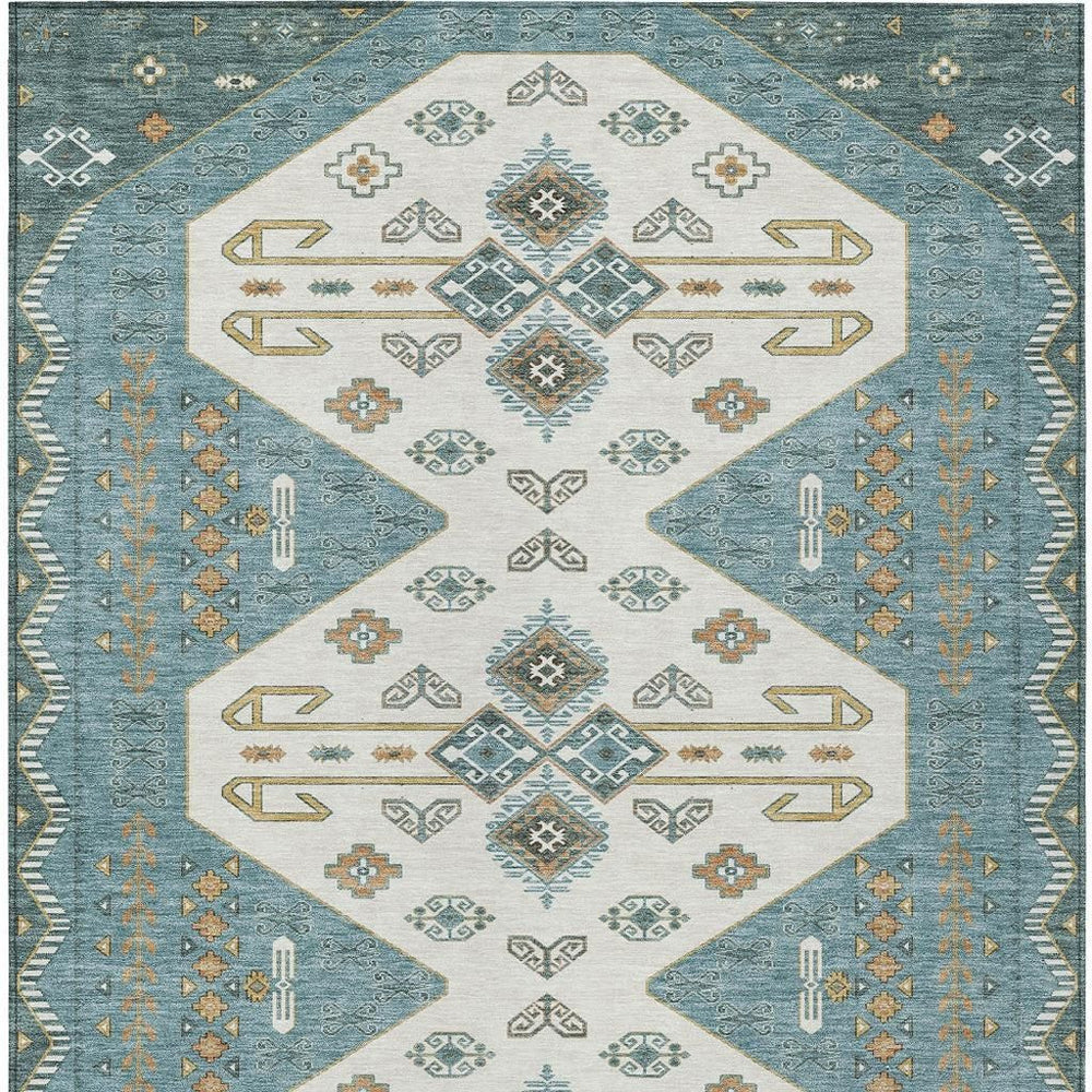 9 X 12 Geometric Polyester Area Rug Washable Indoor Outdoor Teal Gold Modern