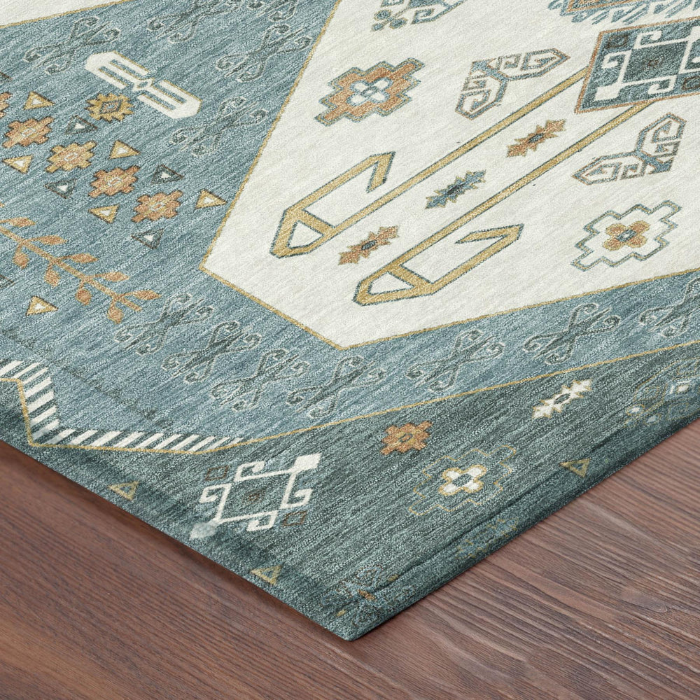 9 X 12 Geometric Polyester Area Rug Washable Indoor Outdoor Teal Gold Modern