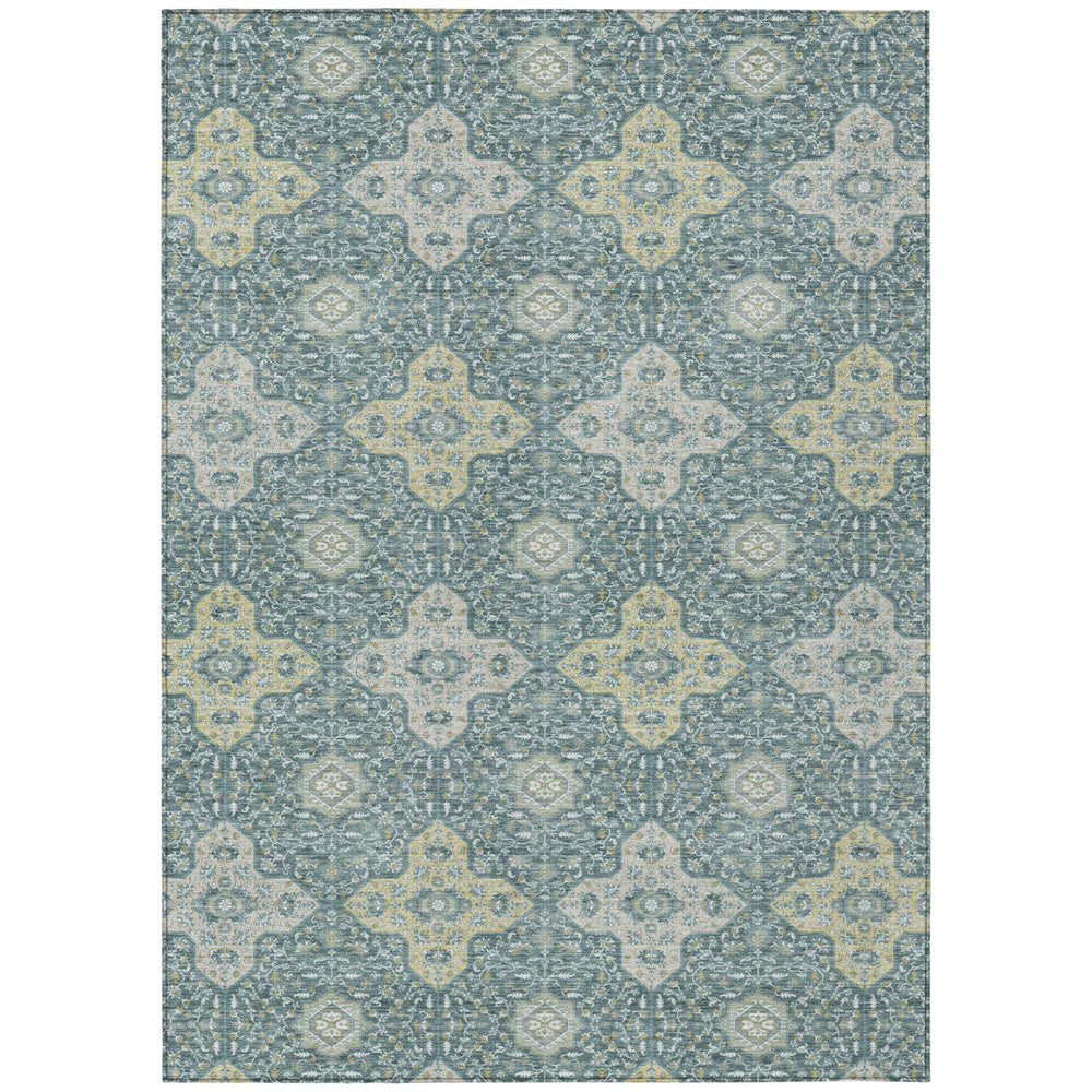 HomeRoots Washable Damask Polyester Area Rug Teal Silver Indoor Outdoor Patio Floor Decor 5' x 8' 731059