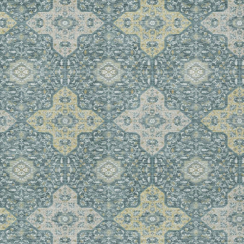 HomeRoots Washable Damask Polyester Area Rug Teal Silver Indoor Outdoor Patio Floor Decor 5' x 8' 731059