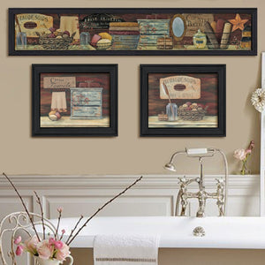 English Elm "country Bath Botanical Three Panel Framed Wall Art Set for Bathroom or Bedroom Decor B06786754