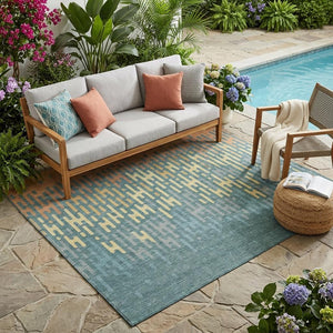 Abstract Washable Polyester Area Rug Teal Copper Indoor Outdoor Accent for High Traffic Spaces