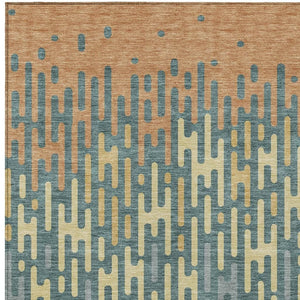 Abstract Washable Polyester Area Rug Teal Copper Indoor Outdoor Accent for High Traffic Spaces