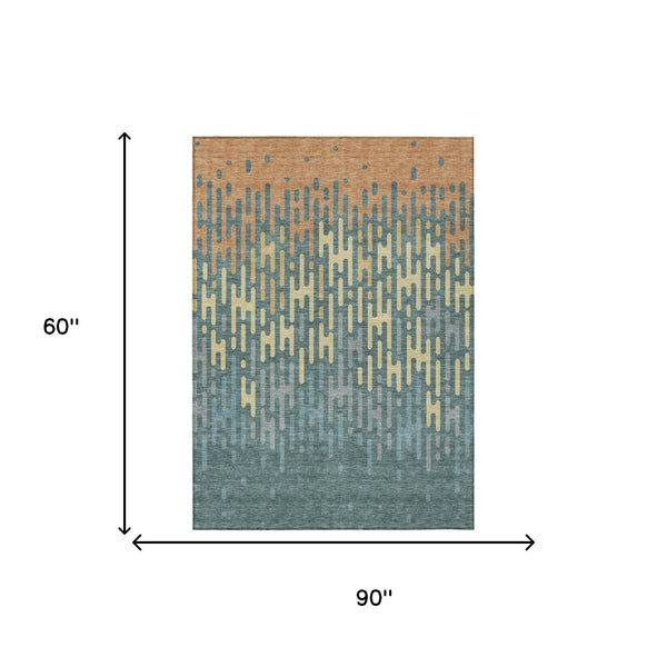 Abstract Washable Polyester Area Rug Teal Copper Indoor Outdoor Accent for High Traffic Spaces