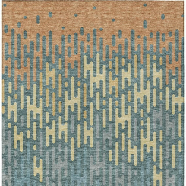 Abstract Washable Polyester Area Rug Teal Copper Indoor Outdoor Accent for High Traffic Spaces