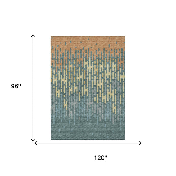 Abstract Washable Polyester Area Rug Teal Copper Indoor Outdoor Accent for High Traffic Spaces