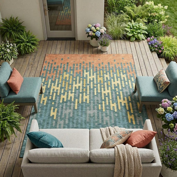 Abstract Washable Polyester Area Rug Teal Copper Indoor Outdoor Accent for High Traffic Spaces