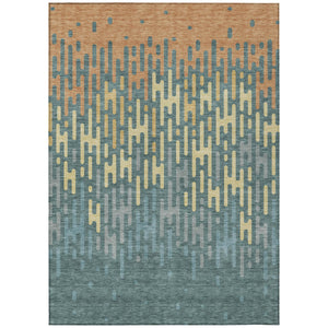 Abstract Washable Polyester Area Rug Teal Copper Indoor Outdoor Accent for High Traffic Spaces