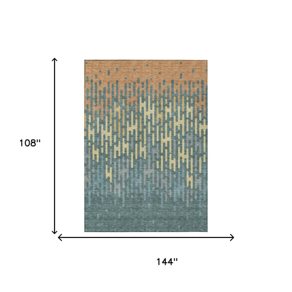 Abstract Washable Polyester Area Rug Teal Copper Indoor Outdoor Accent for High Traffic Spaces
