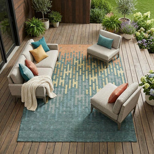 Abstract Washable Polyester Area Rug Teal Copper Indoor Outdoor Accent for High Traffic Spaces