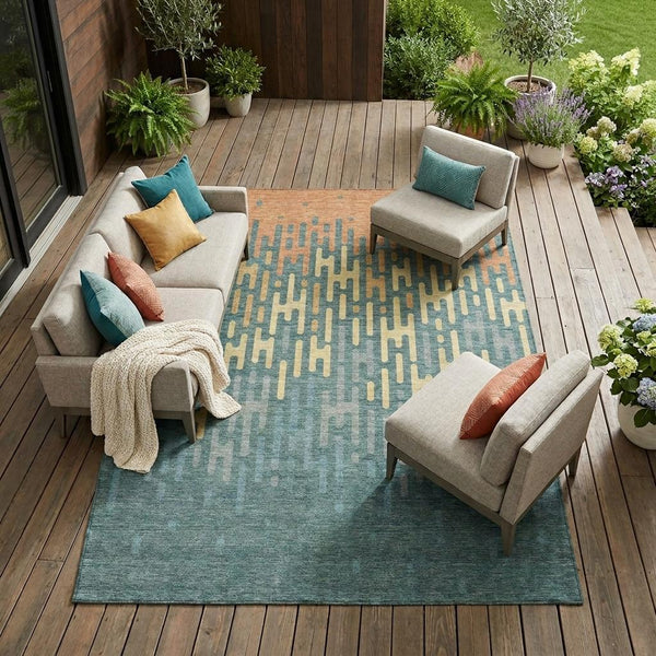 Abstract Washable Polyester Area Rug Teal Copper Indoor Outdoor Accent for High Traffic Spaces