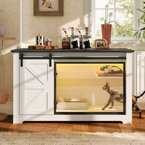 English Elm 46" Farmhouse Litter Box Enclosure with Barn Door Led Lighting and Storage Cabinet N704P402453K