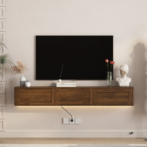 English Elm Floating Wall Mounted Tv Shelf with Led Backlight Gloss Cabinet and Built in Power Strip Wood W1321P391261