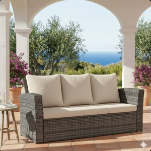 English Elm 67.7" Outdoor Wicker Three Seat Sofa High Back Pe Frame Patio Lounge Furniture Beige B082P455183