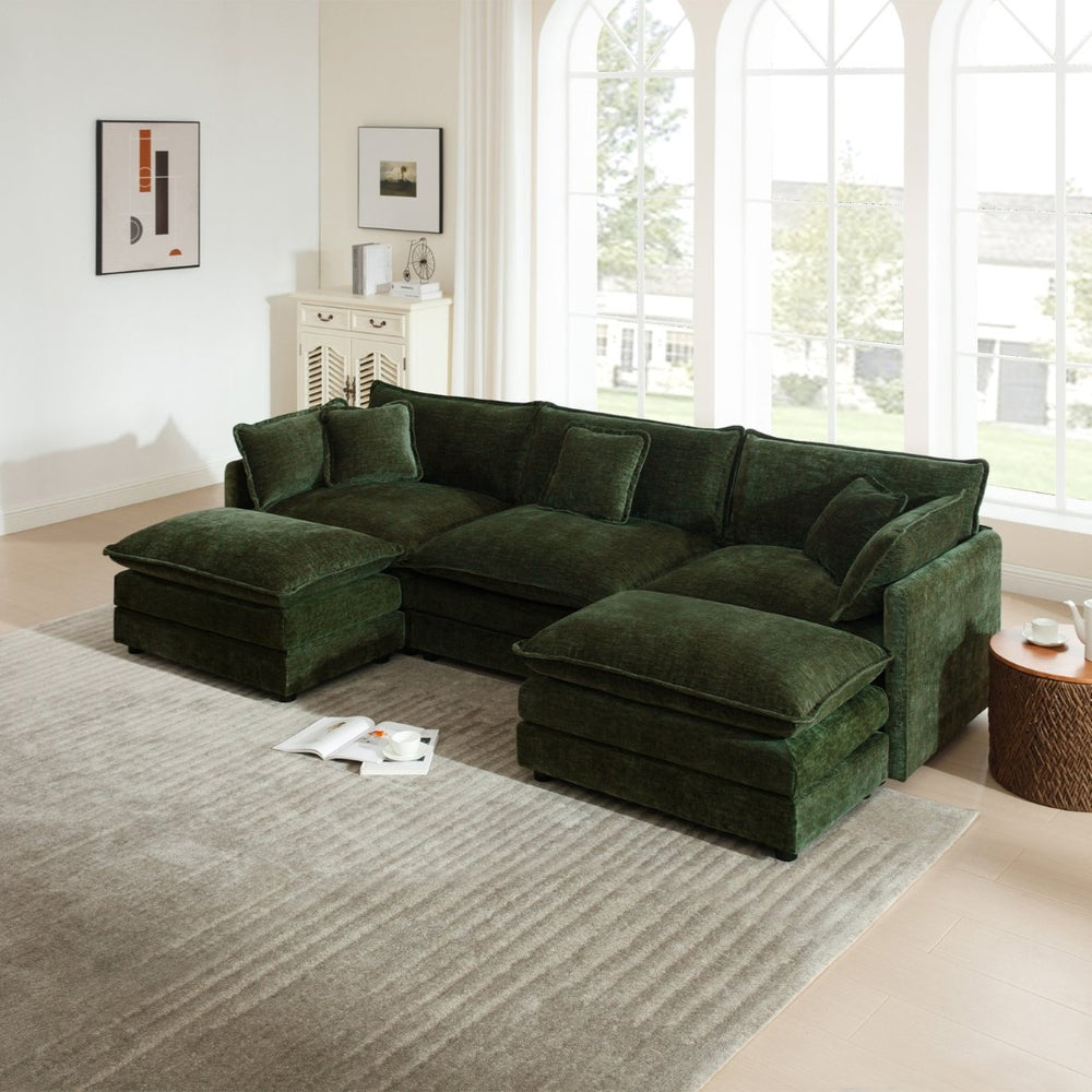 English Elm U-shaped Chenille Sectional with Dual Ottomans Modular Living Room Sofa in Green W714S00465