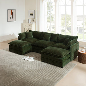 English Elm U-shaped Chenille Sectional with Dual Ottomans Modular Living Room Sofa in Green W714S00465