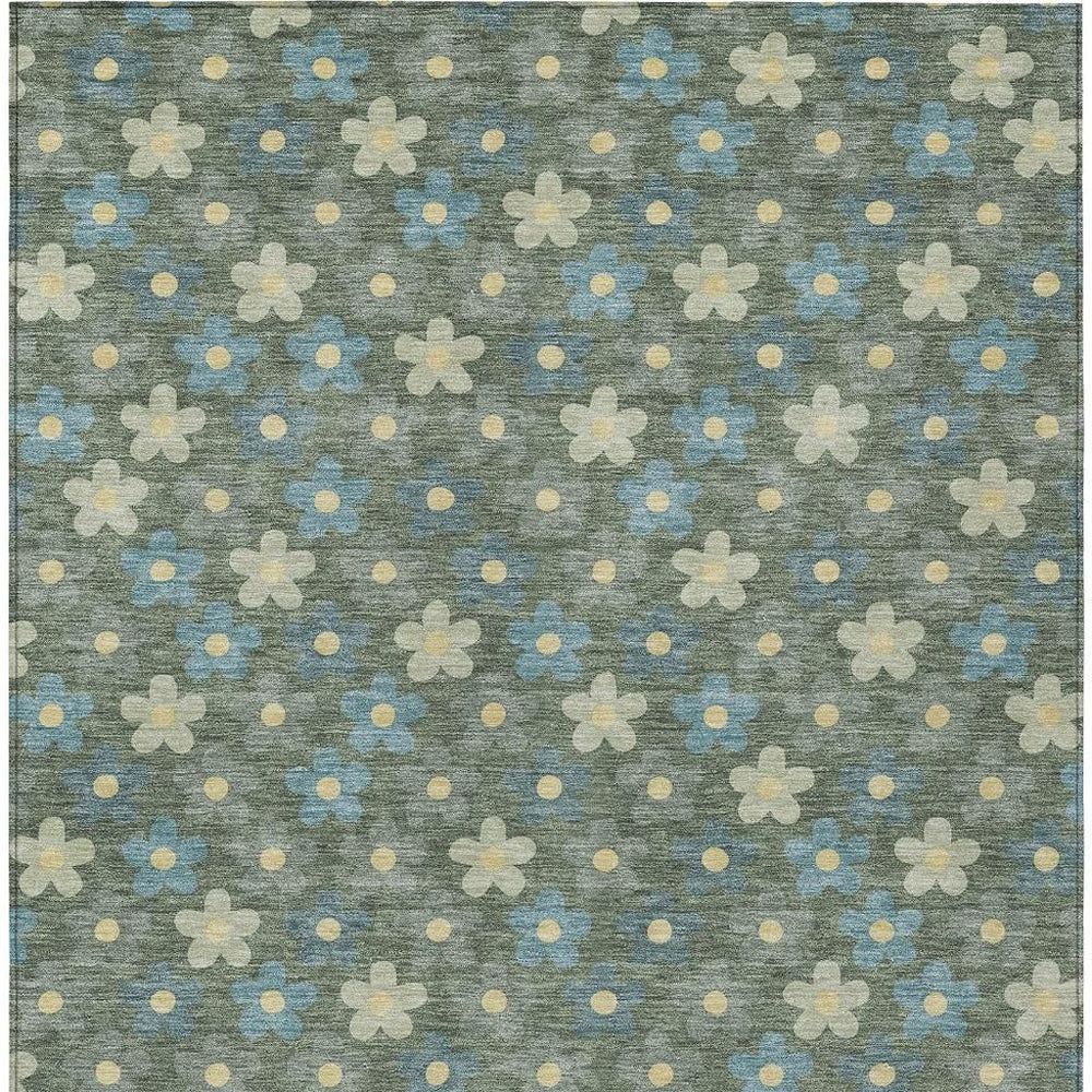 Floral Sage Green Washable Polyester Area Rug Stain Resistant for Indoor Outdoor Patio Spaces