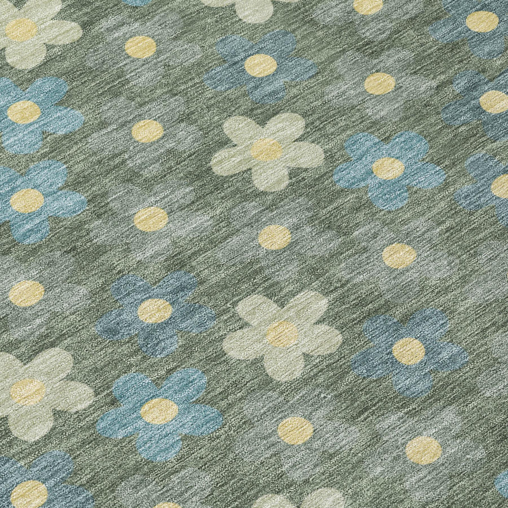 Floral Sage Green Washable Polyester Area Rug Stain Resistant for Indoor Outdoor Patio Spaces