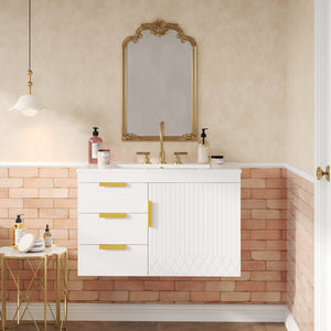 English Elm 30" Wall Mounted Bathroom Vanity with Ceramic Basin Sink, Floating Storage, Soft-Close Doors, Modern Elegance White N710P324096K