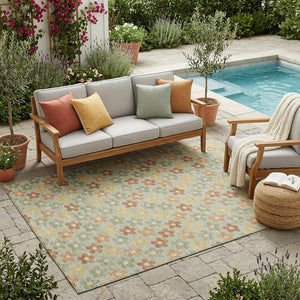 Floral Polyester Area Rug Machine Washable Indoor Outdoor Low Pile Patio Living Room Decor