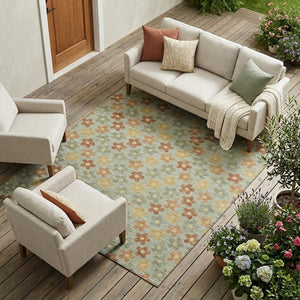 Floral Polyester Area Rug Machine Washable Indoor Outdoor Low Pile Patio Living Room Decor