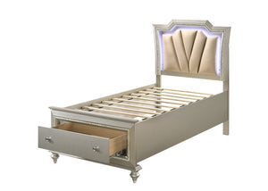 English Elm Kaitlyn Queen Bed with LED & Hidden Storage Drawers, Padded Tufted PU Headboard, Glam Wood Trim Champagne 28 L x 21 W x 18 H B2726S00314
