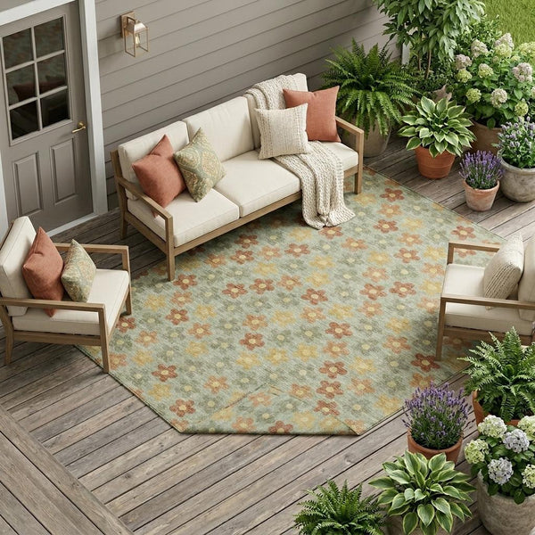 Floral Polyester Area Rug Machine Washable Indoor Outdoor Low Pile Patio Living Room Decor