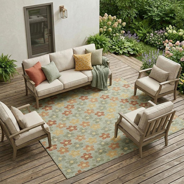 Floral Polyester Area Rug Machine Washable Indoor Outdoor Low Pile Patio Living Room Decor