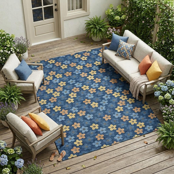 Floral Polyester Area Rug Washable Indoor Outdoor with Felt Backing for Patio or Living Room