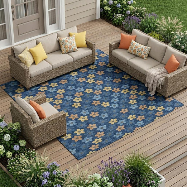 Floral Polyester Area Rug Washable Indoor Outdoor with Felt Backing for Patio or Living Room