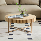 English Elm Modern Handcraft Drum Coffee Table 31.5 Inch Round Coffee Table For Living Room,Small Coffee Table With Sturdy Pedestal,Natural Ash