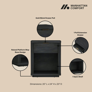 English Elm Evelyn 20" Charcoal Gray Nightstand With 1 Drawer & Open Shelf - Modern Design For Bedroom Storage B365P398530