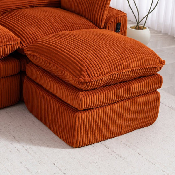 English Elm L Shaped Corduroy Modular Sectional with Cloud Cushions Footstool and Lumbar Pillows Orange W395S00137