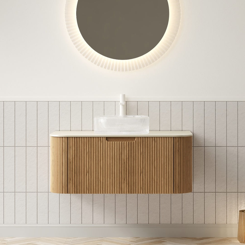English Elm Dina Floating Bathroom Vanity Sintered Stone Top Glass Basin Striped Plywood Cabinet W2615S00351